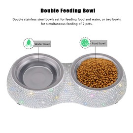 SAVORI Small Dog Bowls, Handmade Bling Rhinestones Stainless Steel Pet Bowls Double Food Water Feeder for Puppy Cats Dogs Cats (AB Color-320ml)