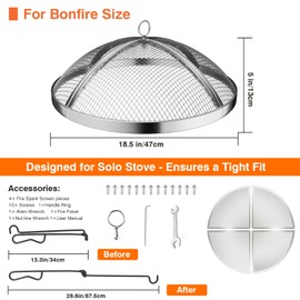 Fire Pit Spark Screen for Solo Stove Bonfire Size, Teisaiko Heavy-Duty 304 Stainless-Steel Mesh Spark Protector, Accessory for Solo Stove Bonfire, with Handle & Poker (for Bonfire 19.5'' Size)