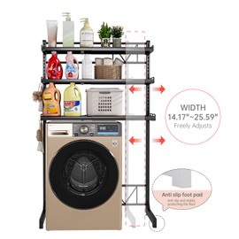 Ipotive Carbon Steel Over Washer and Dryer Shelf, 2 Tier Bulkhead Laundry Room Storage and Organization Riser, Above Toilet Rack, (14.17“-25.59”) W*15.75 “D*63.39 ”H, Gray