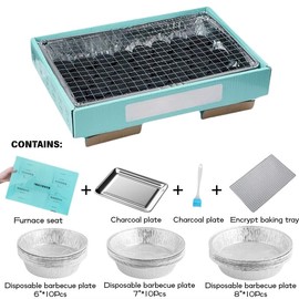 Low Smoke Charcoal Barbecue Kit for Outdoor Cooking, Picnic, Camping, Team Events – Stainless Steel Frame + Instant Lighting Paper Charcoal + 30 Pcs Round BBQ Trays (6/7/8 Inch)