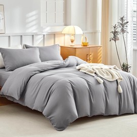 Tokokimo King Size Duvet Cover Sets 4PCS Bedding Sets, Solid Grey Kingsize Duvet Cover Sets with Pillowcases and Extra Fitted Sheet, Soft Microfiber King Size Bedding Sets