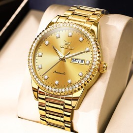 OLEVS Gold Watch Men's Luxury Automatic Keel Watch Mechanical Business Dress Tungsten Luminescent 5atm Waterproof Diamond Fashion Wristwatch - Color: all gold