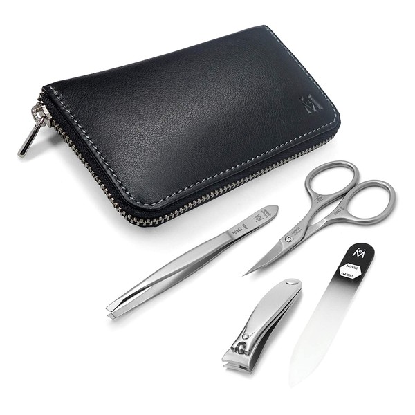 GERMANIKURE 4pc Travel Manicure Set - FINOX Stainless steel tools handmade in Solingen Germany: Nail clipper, Cuticle scissor, Tweezer, Glass Nail file in Leather Case