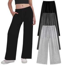 EXARUS 3 Pack Girl's Loose Straight Leg Baggy Cute Sweatpants with Drawstring Elastic Waist Wide Leg Casual School for Teen 14Y Black/Light Grey/Grey