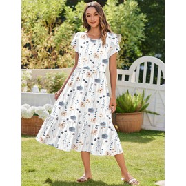 Zeagoo Womens Tshirt Dress 2025 Flowy Tiered Beach Midi Dresses A Line Pleated Summer Shirt Dress Casual Loose Travel Sundress with Pockets White Floral XXL