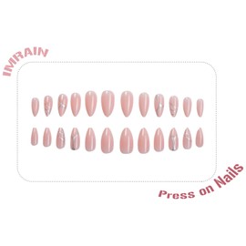 IMRAIN Press on Nails Medium Almond Fake Nails Nude Artificial False Nails with Silver Line Design Full Cover Glossy Glue on Nails Acrylic DIY Nail