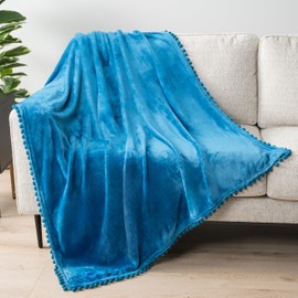 PAVILIA Fleece Throw Blanket for Couch with Pom Pom Fringe, Teal Blue, Soft Cozy Fuzzy Flannel Blanket for Sofa Bed, Lightweight Plush All Season Throw, 50x60 Inches