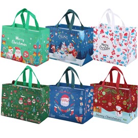 6 Pack Christmas Reusable Grocery Bag,Tote Bag with Handle Gift Present Bag, Shopping Bag for Holiday Xmas Event Party