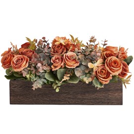 Dahey Centerpiece Table Decorations for Dining Room Farmhouse Living Room Table Centerpieces Decor Wood Tray with 3 Artificial Flowers and 2 Eucalyptus for Kitchen Table, 14.1" x 4.7" x 3.1", Orange