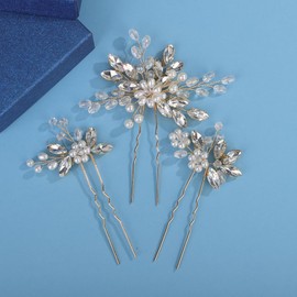 Wekicici Crystal Bride Wedding Hair Pins Floral Pearl Flower Hair Pins Gold Wedding Hair Accessories for Women Rhinestone Headpiece Bridal Hair Clips Pins (Gold)