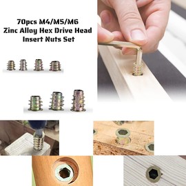 70 Pieces M4 / M5 / M6 Threaded Insert Zinc Alloy Furniture Hex Drive Head Insert Nuts Set Nut Wood Insert Nuts Assortment