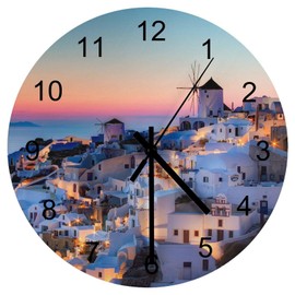 EQEY Santorini Island Greece Wall Clock Silent Non Ticking Round Home Decor Wooden Wall Clock Round Easy to Read for Home Office School Clock, 12 Inch