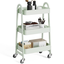 OLIXIS 3 Tier Utility Rolling Cart with Lockable Caster Wheels, Metal Mobile Storage Shelf, Organization for Livingroom, Bathroom, Kitchen, & Narrow Places, Light Green