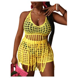 BEAUDRM Women's Plus Size 2 Piece Crochet Swim Cover Up Set Fringe Hem Halter Beach Top and Shorts Coverups Beachwear Yellow 0XL