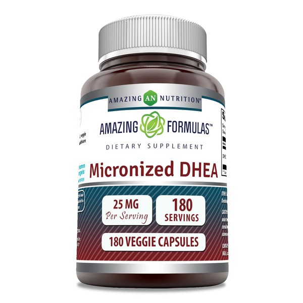 Amazing Formulas Micronized DHEA 25mg 180 Veggie Capsules Supplement | Non-GMO | Gluten Free | Made in USA | Ideal for Vegetarians | Dehydroepiandrosterone Capsules for Men & Women