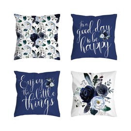 Navy Blue Cushions - Blue Pillow Covers 18x18, Set of 4 Navy Blue Throw Pillows Covers, Blue Decorative Pillows for Couch, Linen Fabric Blue Floral Pillow Covers, Trendy Home Decorative Accessories