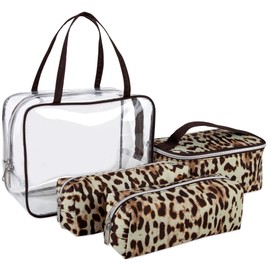 Emma & Chloe Juego de 4 bolsas de aseo impermeables para el hogar, bolsa de maquillaje de viaje para mujeres con asa, cierre, juego de 4 bolsas de maquillaje, Leopardo Ladylike, Viaje