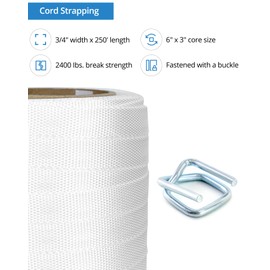 QWORK 3/4" x 250' Woven Cord Strapping Roll with 50 Pcs 3/4" Metal Buckles, Heavy Duty Polyethylene Braided Rope Strap Roll, 2400 lb Strong Break Strength 6" x 3" Core, White