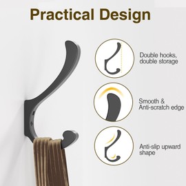 6 Pack Wall Mounted Coat Hooks, Aluminum Heavy Duty Coat Rack, Wall Hooks for Hanging Clothes Bags Towels Hats Keys, Screw in Wall Hooks, Black