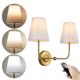 TERLEENART Battery Rechargeable Operated 3 Colors Dimmable Wall Sconce,Double Light with White Fabric Tapered Shades and Antique Brass Base for Bedroom Living Room Hallway