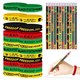 emzrivo 48 Pcs Black History Month Pencils Set 24 Pcs Black History Month Pencils 24 Pcs Black History Month Rubber Wristband for Black History Month