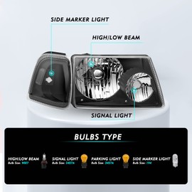 TUSDAR Headlight Assembly Set for 2001-2011 Ford Ranger with Corner Light 4PCS Driver Passenger Side (Black Housing & Clear Reflector)