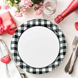 FALIZIFU 50 Pcs Black Gingham Paper Plates 7 Inch Disposable Black and White Buffalo Plaid Dinner Plates for Wedding Baby Shower Birthday Party Checkered Dessert Plate