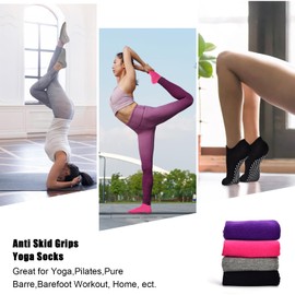 SkiBeaut Pilates Socks, Non Slip Grips Yoga Socks Ballet Dance Hospital Grippers Socks, 4 pairs Sticky Socks for Women