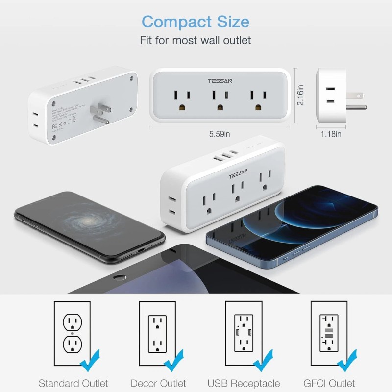 TESSAN Multi Plug Outlet Extender with 5 Outlets and 3