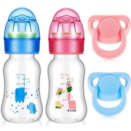 4 Pieces Reborn Baby Doll Accessories, Includes 2 Magnetic Pacifier and 2 Baby Doll Bottles Baby Doll Pacifier Feeding Bottle for Reborn Dolls, Random Pattern, Pink and Blue