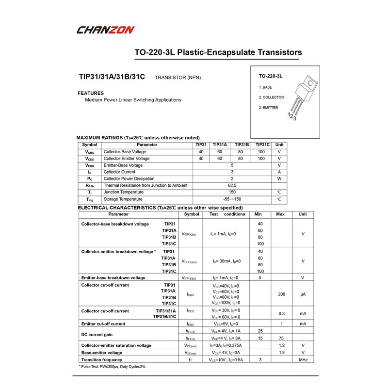 Chanzon TIP31C TO-220 NPN Darlington Transistor 3A Pack of 10
