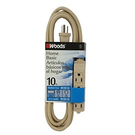 Woods Light Duty Extension Cord, 10Ft, 16 Gauge, 3 Conductor, 3 Outlet Cord, SJTW, Beige, 2865