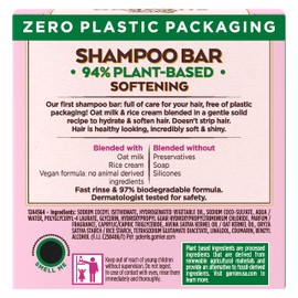 Garnier Whole Blends Oat Delicacy Softening Shampoo Bar for Fine Hair, Zero Plastic Packaging, Preservative/ Silicone/Soap & Dye Free, with Rice Cream and Responsibly Sourced Milk, 2.0 Oz