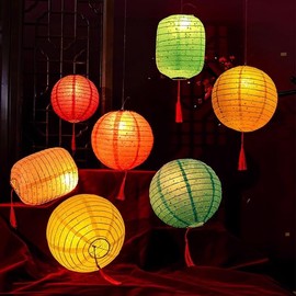 5PCS Paper Lanterns Colorful Vibrant Decoration 6inches with LED Lights, Hollow Out Hanging Lanterns with Tassels Walking Sticks for Dinner Birthday Party Decor (Round)