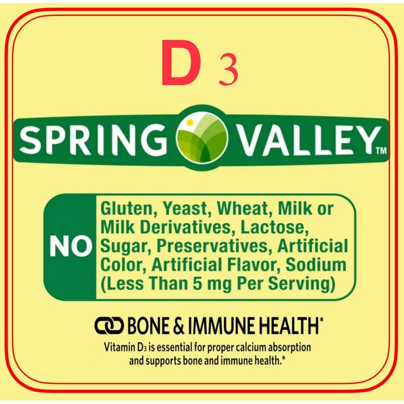 Spring Valley D3, Vitamin D3 Softgels, 5000 IU, 100 Count,