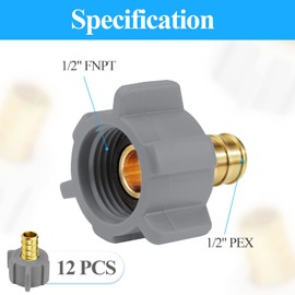 WiseWater 12 PCS 1/2“ PEX Faucet Connector, 1/2” PEX Barb x 1/2” FNPT Swivel Adapter RV Pex Fittings, Pex Fittings 1/2 Inch Brass Faucet PEX Connector with Stainless Steel Clamp and Copper Crimp Rings