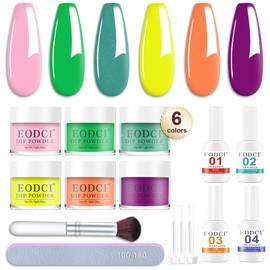 Eodci 12 Pieces Dipping Powder Nails Starter - 6 Colours Neon Pink Yellow Orange Purple Spring Summer Colours Dip Powder Kit with Base Top Coat, Activator and Nails Brush Dip Manicure Sets for