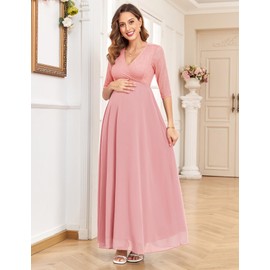AISWI 3/4 Sleeve Maternity Dress Leaf Lace Contrast Chiffon V Neck Wrap A Line Flowy Pregnancy Dresses for Baby Shower, Light Pink, Large