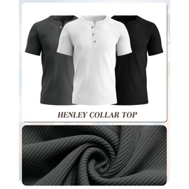 Neer 3 Pack Men's Ribbed Henley Shirts Short Sleeve Raglan Casual T-Shirts Classic Summer Button Placket Muscle Tees (Black, Dark Gray, White,Small)