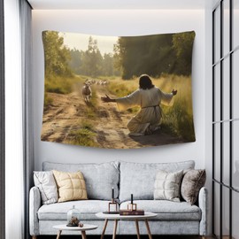 Orclo Art - Tapiz religioso cristiano para decoración del hogar, cordero que corre a Jesús Pastor encontrando arte de rebaño, 51 x 59 pulgadas, colgante de pared para recámara de iglesia, sala de