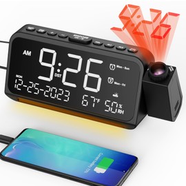 Mesqool Digital Clock, Wall Projection, Ceiling Projection Clock, 350° Projection Angle & 180° Flip, Temperature, Humidity, Calendar Display, 5 Levels of Brightness & Loud Volume, Dual Alarm, 12/24