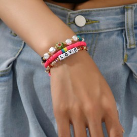 Clataly Add to Wish List Bohemian Floral Bracelets Colorful Soft Clay Imitation Pearl Elastic Bracelet Jewelry for Women and Girls, One size