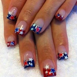 4th of July Press on Nails Short Square Fake Nails with Star Designs Red Blue French Tip Nails Press ons Independence Day False Nails Glossy Glue on Nails Glitter Stick on Nails for Women 24Pcs