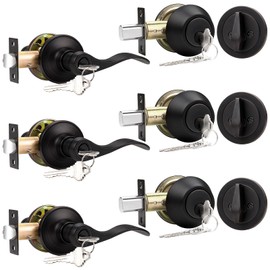 Probrico Oil Rubbed Bronze Entry Lever and Deabolt Sets, Keyed Alike Drop Levers with Single Cylinder Deadbolts and Key Combo Pack, Exterior Front Door Keyed Hardware, 3 Pack
