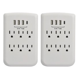 Clear Power CP (2 Pack): 6-outlet Wall-Tap w/ 3-Port USB-A & 1-Port USB-C, White, CP30007X2