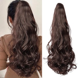 DAVBNM Ponytail Extension, 16 Inch Long Wavy Hair Extensions, Brown Hair Claw Clip, Pony Tails Hairpiece for Women, Drawstring Ponytail for Daily Use