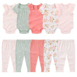 MAMIMAKA 10-Piece Baby Girl Short Sleeve Bodysuit Cotton Newborn Baby Girl Clothes Pant Set Pink, 3-6 Months