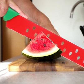 DOITOOL Watermelon Knife with Sleeve, Long Serrated Watermelon Knife Kitchen Fruit Melon Cutter Slicer for Home Summer Party Fruit Serving (Red Green)