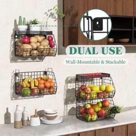 CHLORYARD 3-Tier Stackable Fruit Basket Kitchen Potato Onion Storage with Wire Bakset Top, Wall-mounted & Countertop Tiered Pantry Organizer for Snack, Fruit and Vegeatble Storage