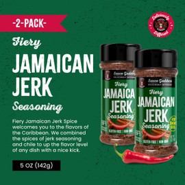 Sauce Goddess Fiery Jamaican Jerk Spice Shaker (2-Pack) - Seasonings and Spices for Cooking with Caribbean Flavors! For Chicken, Pork, Seafood & More - Low Sugar, Low Sodium, Fat-Free, Vegan Friendly